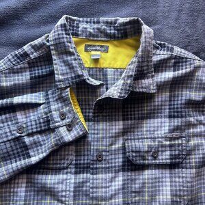 Eddie Bauer Men’s Plaid Button Front Shirt Size L Gray Yellow